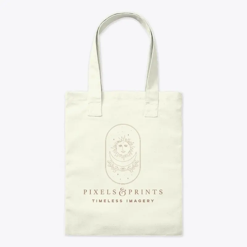 Pixels & Prints gold logo tote